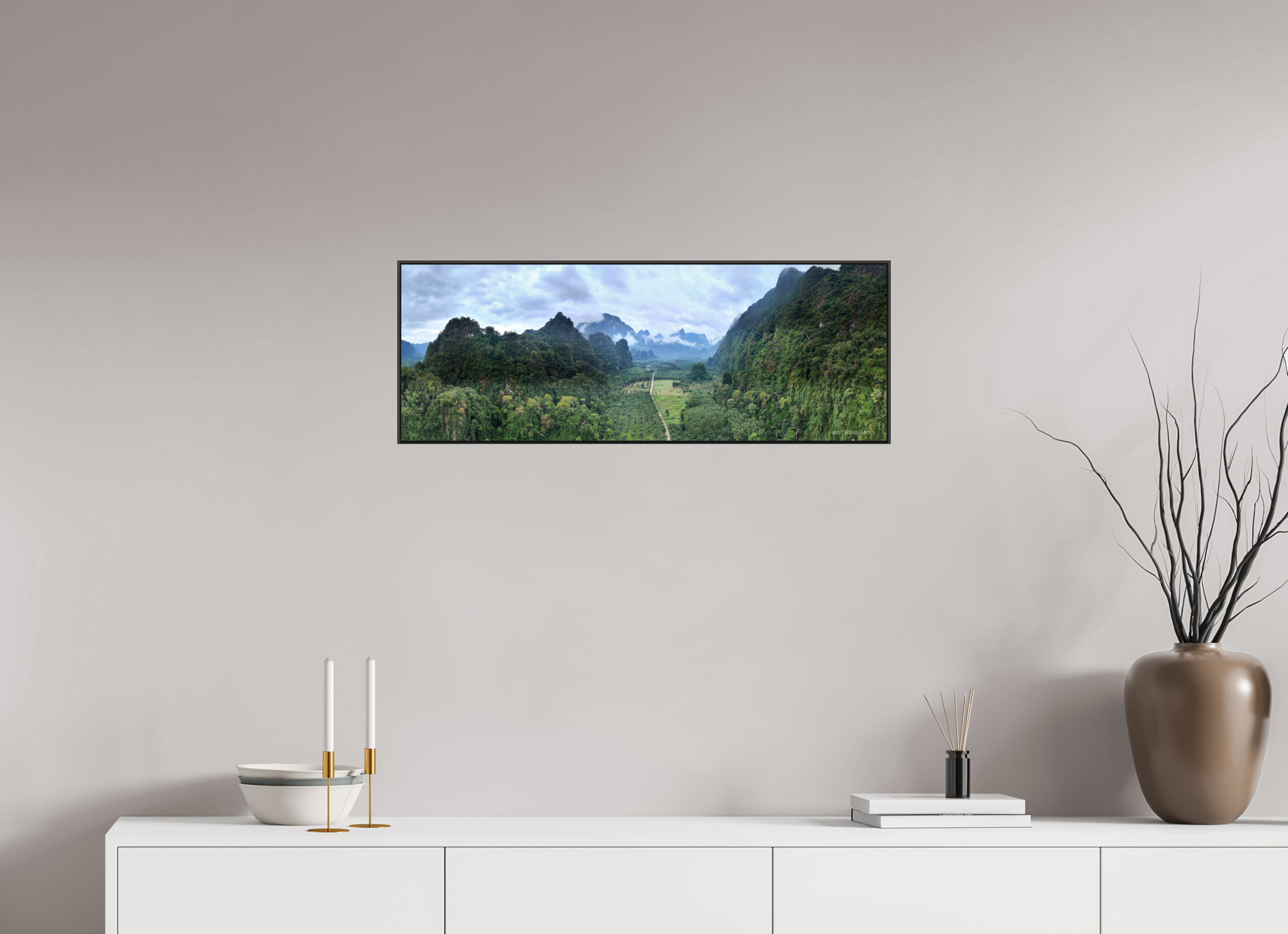 82,7 x 30 cm, canvas Stone Guardians – Rainlight Over Khlong Phanom, Surat Thani