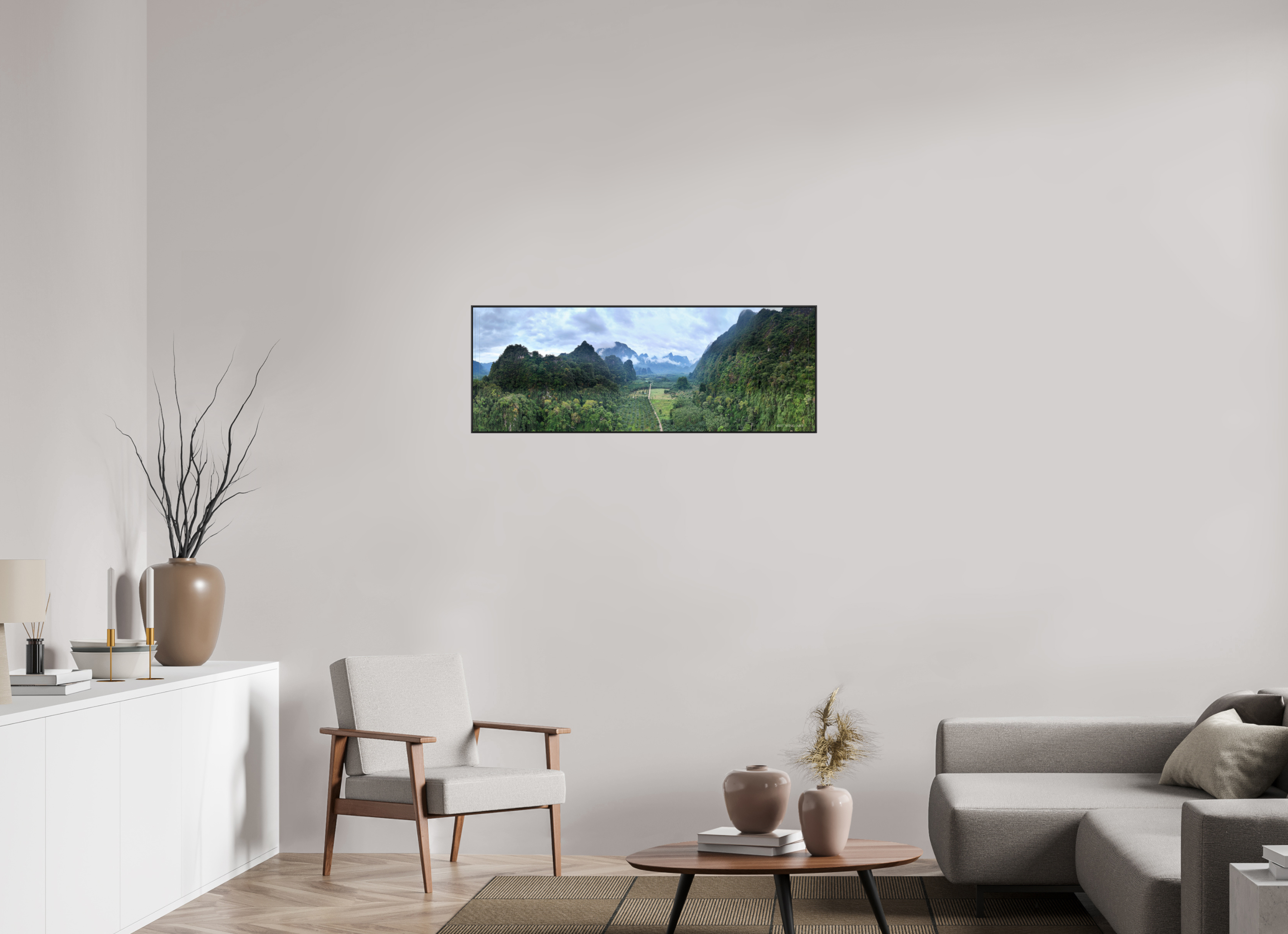 110,3 x 40 cm, canvas Stone Guardians – Rainlight Over Khlong Phanom, Surat Thani